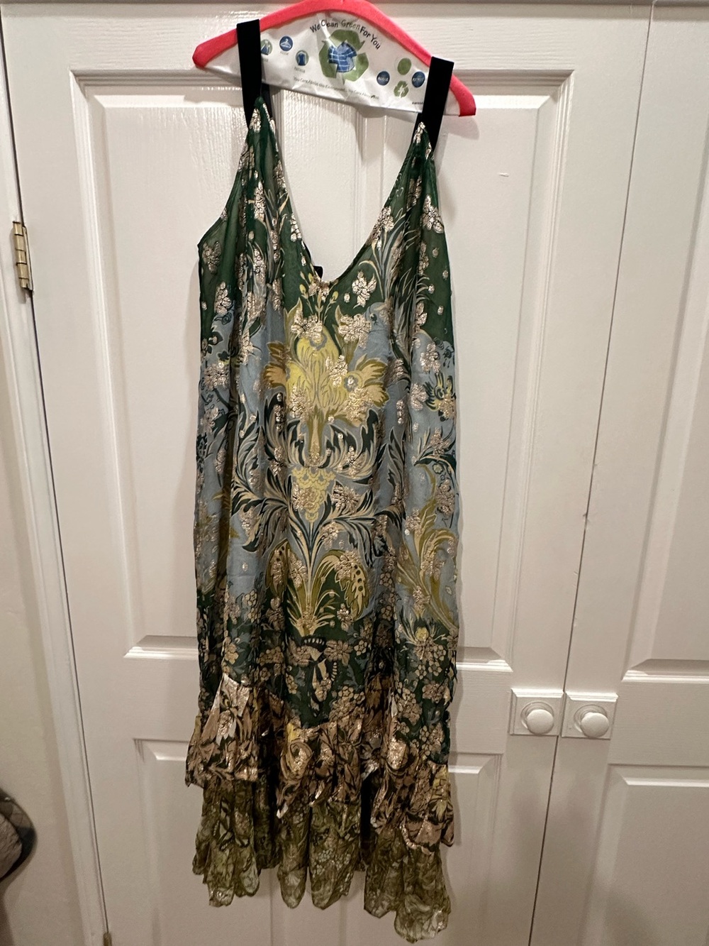Anthropologie Green and Blue Floral Maxi Slip Dress with Gold Accents